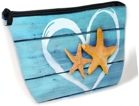 Beach Starfish Cosmetic Bag Coastal Blue Wooden Makeup Bags,Travel Make up Bags for Women Girls Cute Zipper Pouch Toiletry Organizer Bag Travel Essentials