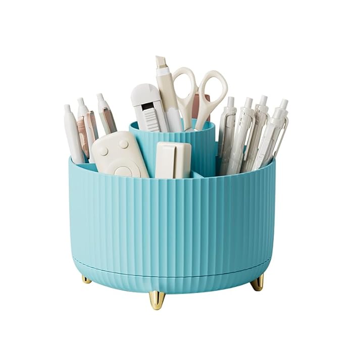 Diesisa 360 Rotating Makeup Brush Organizer With 5 Sections, Spinning Countertop Swivel Makeup Brush Holder for Cosmetics, Nail Polish, Art Supply, Bathroom Vanity Desktop Organizer - Blue