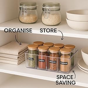 4 Pack Pantry Organizers, Clear Plastic Organizer Bins for Kitchen, Fridge, Drawer Organization and Storage, 4-Compartment Snack Containers for Spice Packets, Tea Bags