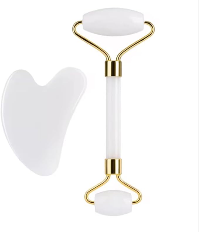 Gua Sha Facial Tool and Jade Roller Set –Anti-Aging Tools for Lymphatic Drainage, Puffiness, Wrinkles, and Relaxation – Skincare Tool for Face and Neck (White)