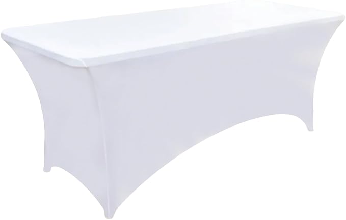 ZarzaaSik 10-Pack 8ft White Spandex Table Covers for Rectangle Folding Tables - Washable Elastic Tablecloth - Ultimate Fitted Table Protector for Parties, Trade Shows, Banquet, and Wedding