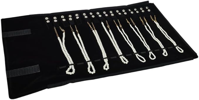 Velet Travel Jewelry Case Roll Bag Organizer for Necklace Bracelet Black Gray Velvet (Black with elastic)