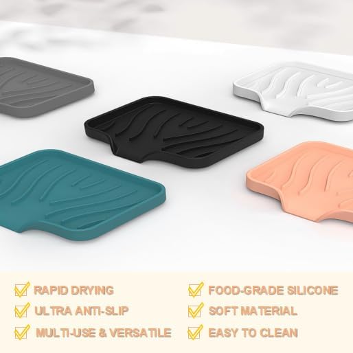 Silicone Soap Dish with Drainer | Quick-Dry Holder for Sponge, Dispenser, Scrubber, Bottle and Cup | for Kitchen, Shower and Bathroom (Black, Small, 2-Pack)