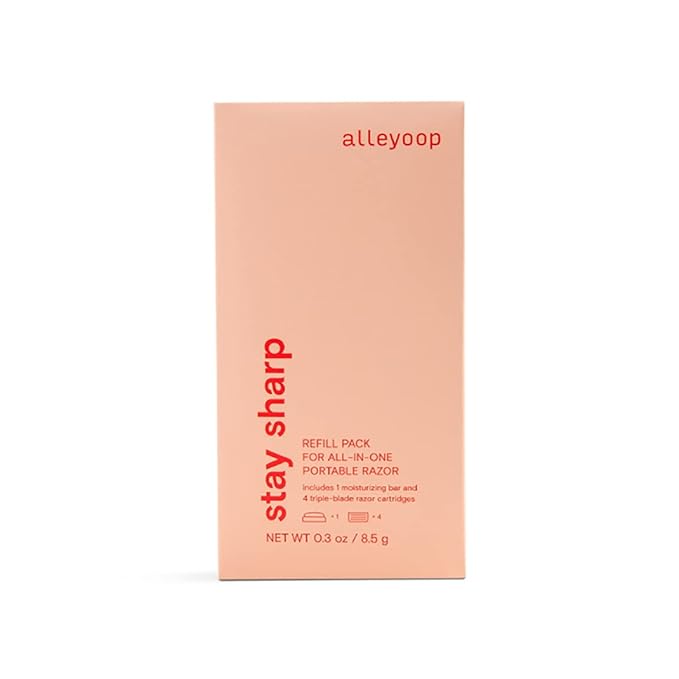 Alleyoop Stay Sharp Razor Refill Pack for Travel Portable Razor - Perfect For Touch Ups On-The-Go - Includes 4 Triple-Blade Cartridges & 2 Moisturizing Bars - Safe For All/Sensitive Skin Types