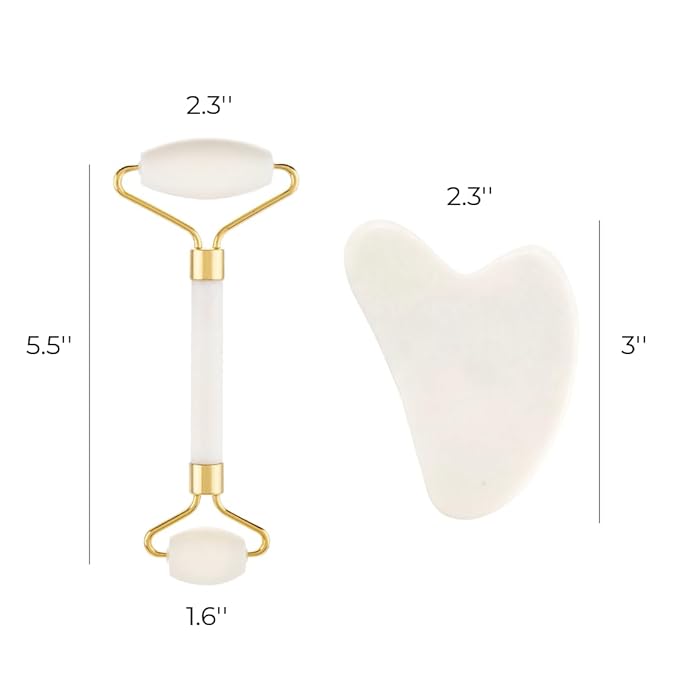 Gua Sha Facial Tools & Jade Roller for Face, Eye & Neck Skin Care, 100% Natural Jade Stone Face Roller Gua Sha Massage Tool, Eye Roller for Puffy Eyes, Facial Self Care Kit for Women (White)