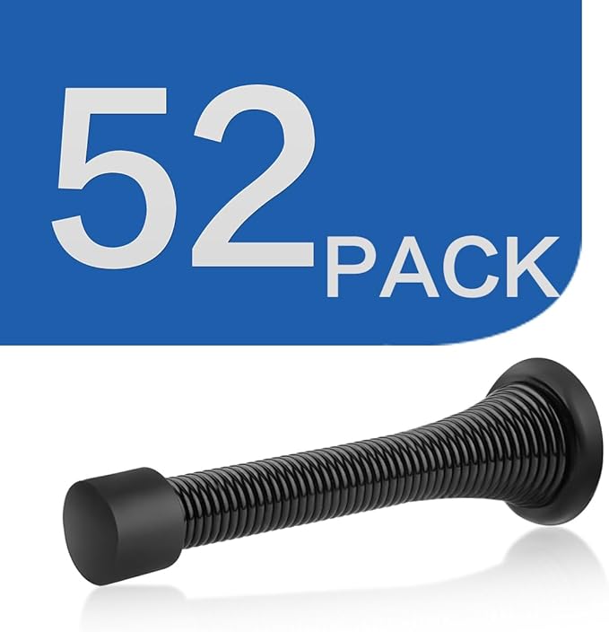 HOMOTEK 52 Pack Black Spring Door Stops, 3-1/8" Heavy Duty Door Stop - Flexible Spring Door Stopper with Low Mounted Black Rubber Bumper Tips