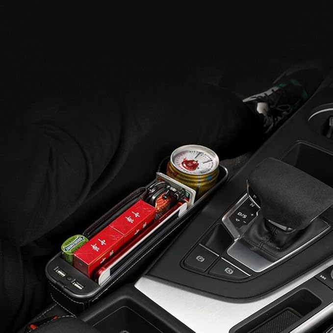 Tumecos Car Seat Gap Organizer with Light Multifunctional with Small Cup Holder Storage Box Car Seat Organizer Car Seat Gap Filler with 2 USB Super Fast Charge Ports(Black, Driver’s Side)