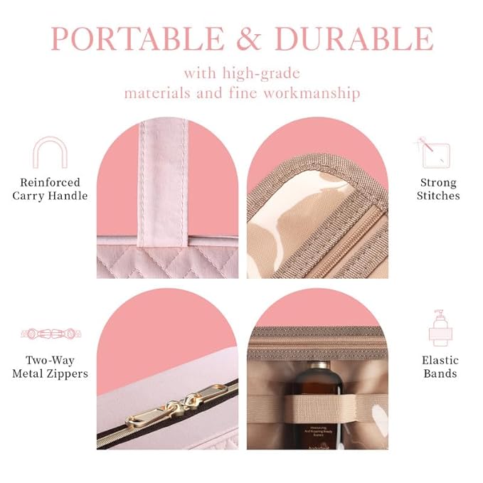 HOTOR Travel Toiletry Bag - Hanging Toiletry Bag for Women & Men, Makeup Bag/Big Compartment, Waterproof for Travel Accessories, Travel Essentials, Large, Pale Pink