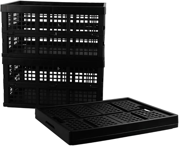 Lesbin 3-Pack Plastic Collapsible Storage Crate, 30 L Folding Storage Baskets, Black