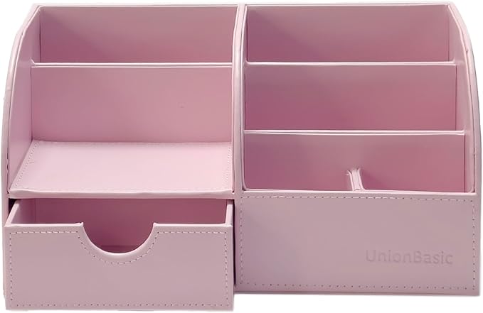 UnionBasic Desk Organizer - Multifunctional Leather Desktop Pen Holder Storage Box - Business Card/Pen/Pencil/Mobile Phone/Stationery Holder, Orchid Pink