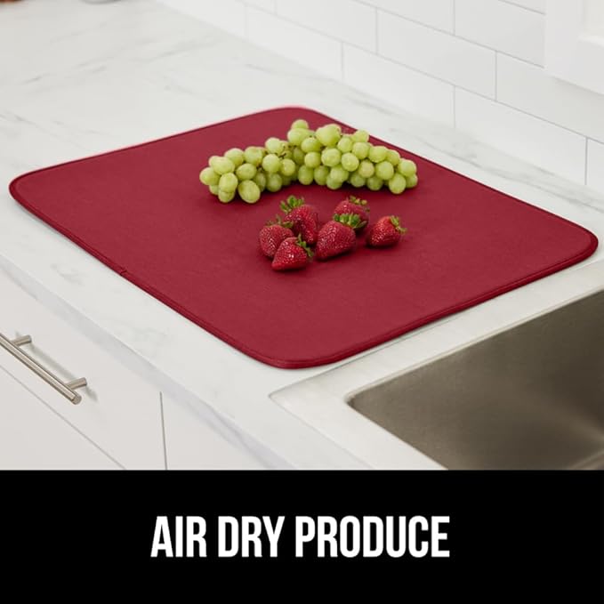 GORILLA GRIP Ultra Water Absorbent Microfiber Dish Drying Mat, 18x24, Quick Dry Thick Mesh, Slip Resistant Pad for Sink Dishes or Under Rack, Kitchen Counter Accessories, Machine Wash, 2 Pack Red