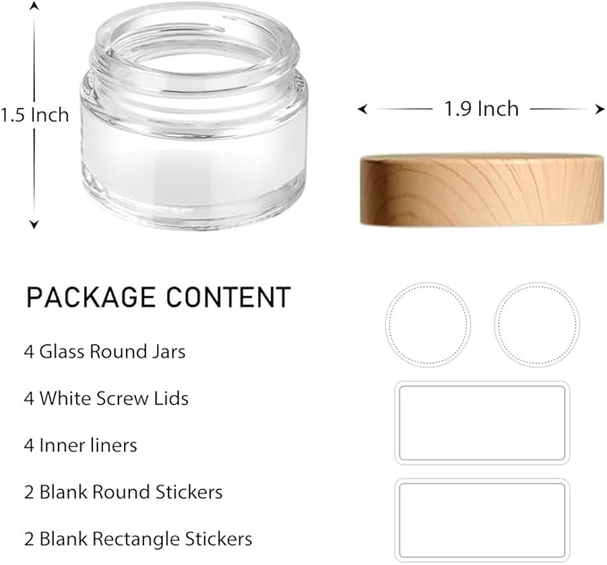 1 oz Glass Jars with Lids, Small Glass Containers with Plastic Woodgrain Lids & Inner Liners, Reusable Travel Containers for Creams, Makeup, Lotion, Cosmetic 4 pack