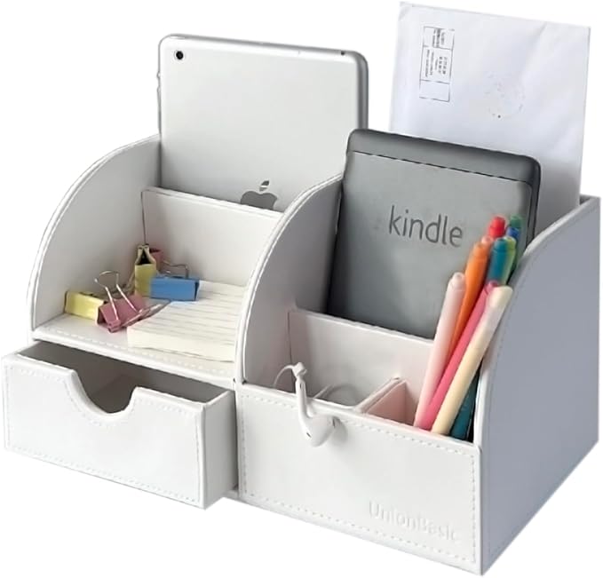 UnionBasic Office Desk Organizer - Multifunctional PU Leather Desktop Storage Box - Business Card/Pen/Pencil/Mobile Phone/Stationery Holder, White