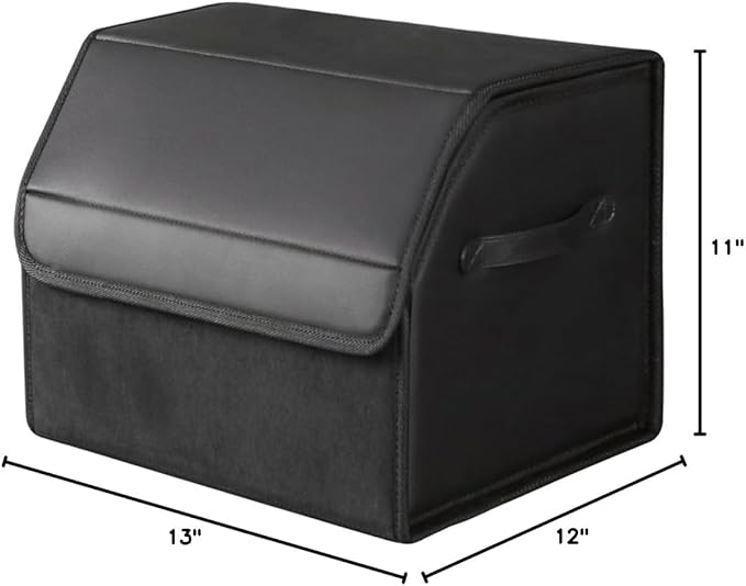 SUV car organizers and storage, sedan trunk organizer, foldable sleek leather box with lid, collapsible cargo bins, tool accessories containers, collapsible suede velvet (13 inch covered)