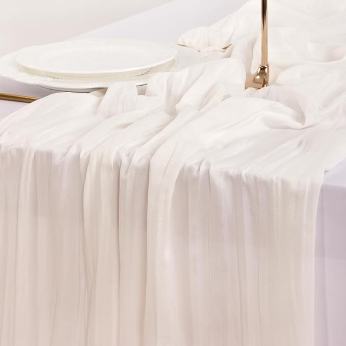 Socomi 6pcs Ivory White Cheesecloth Table Runner Summer Boho Rustic Gauze 120 inch 10FT Cheese Cloth Sheer Runner for Wedding Party Baby Shower Birthday Home Decor Holiday Decorations