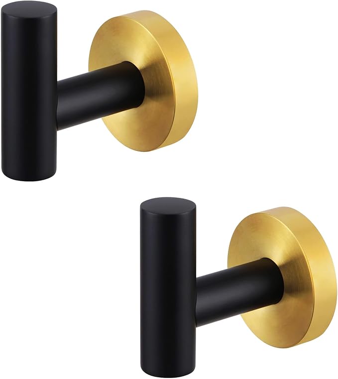 Kruodop Towel Hooks for Bathroom, 2 Packs Wall Mount Towel Holder, Black Gold Matte Wall Robe Hook, Stainless Steel Heavy Duty Door Hanger Towel Hook for Kitchen, Bedroom, Hotel, Pool, Coats