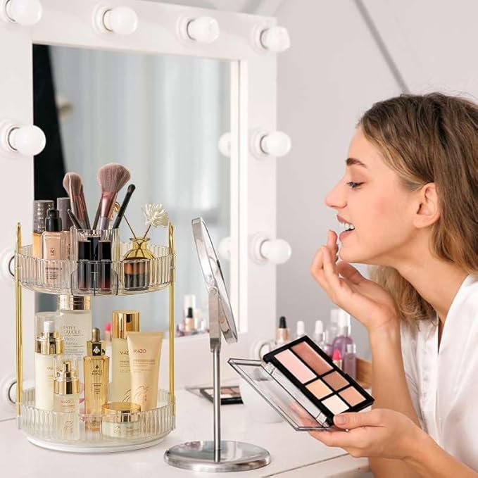 Rotating Makeup Organizer for Vanity, High-Capacity Skincare Clear Make Up Storage Perfume Organizers Cosmetic Dresser Organizer Countertop 360 Spinning (Clear, New-2 Tier)