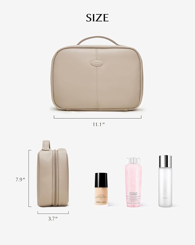 EACHY Toiletry Bag with Hanging Hook, Travel Makeup Bag PU Leather Cosmetic Bags for Women Make Up Organizer with 4 Compartments Waterproof Full-Size Portable Travel Essentials (Trench,Pro)
