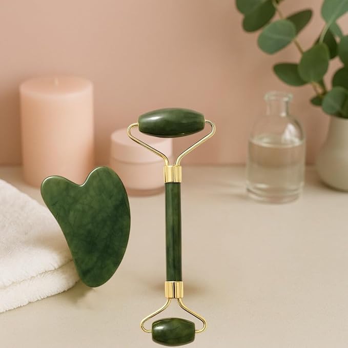Gua Sha Facial Tool and Jade Roller Set –Anti-Aging Tools for Lymphatic Drainage, Puffiness, Wrinkles, and Relaxation – Skincare Tool for Face and Neck (Dark Green)