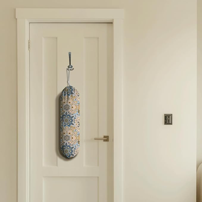 Gray Yellow Plastic Bags Holder, Reusable Fabric Grocery Bag Holder, Wall Mount Shopping Garbage Bags Carrier for Home, Kitchen, Travelling, Kitchen Pattern Garbage Bag 68