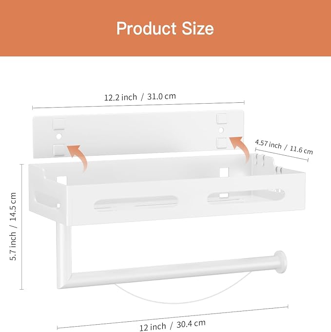 Paper Towel Holder Wall Mount with Shelf, Easy One Hand Tear, Adhesive Glue or Drill Mount Hanging Paper Towel Holder with Shelf for Kitchen/Bathroom/RV, White Metal, 4 Hooks