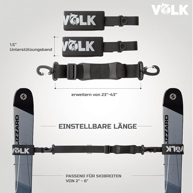 Volk Ski Strap and Pole Carrier - 2 Sets per Pack - Skiing Accessory for Easy Transportation of Your Ski Gear - Feel Comfortable Walking to and From the Mountain - Adjustable Size