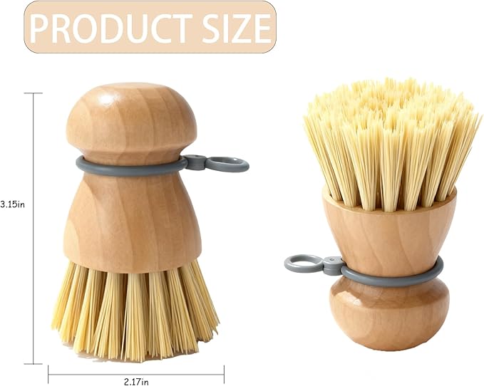 Dish Brush with Hanging Loop — Durable PBT Bristles Brush, Non-Slip Grip Dish Brush, Compact Bamboo Dish Brush, for All Cookware, Stovetops & Sinks • Kitchen Essential (2pcs/Set)