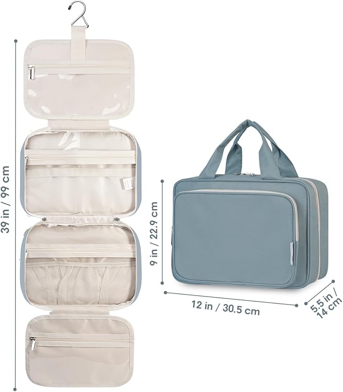 Narwey Travel Toiletry Bag for Women, Large Hanging Makeup Bag Organizer, Toiletries Bag for Full-Size Essentials, Accessories, Cosmetics (Greyish Blue (Large))