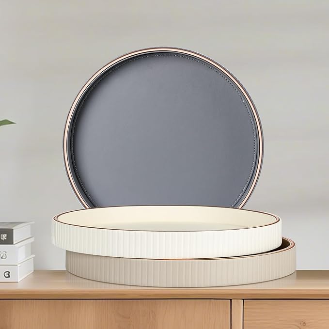 GORESE Round Decorative Tray for Coffee Table Decor, 12" PU Leather Serving tray Table Centerpiece Home Decor, Desk Valet Tray for Trinket Jewelry Perfume Key, Ottoman Tray Nightstand Organizer, Beige