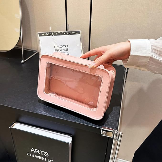 Clear Makeup Bag, Pink Travel Makeup Pouch Toiletry Bag for Women Waterproof Small Cosmetic Bag Case Small Make Up Bag with Zipper Car Organizer Car Essentials for Women Men