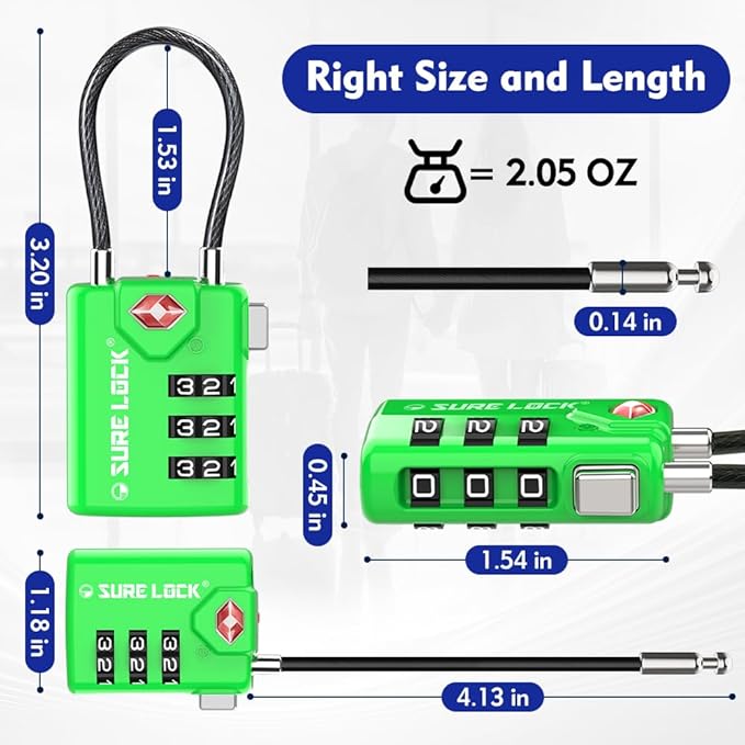 SURE LOCK TSA Approved Combination Luggage Locks with Open Alert Indicator – Durable Zinc Alloy Cable Travel Locks with Large Easy-Read Dials for Suitcases, Backpacks & Gym Bags (Green 2 Pack