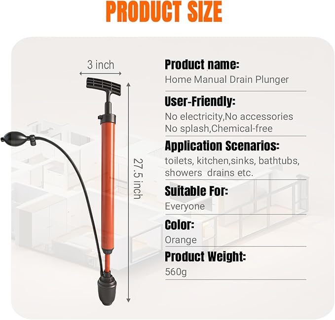 Manual Drain Unclogger, High Pressure Toilet Plunger: No-Splash, No Electricity, No Accessories, Pipe-Safe, Easy to Use, Reusable & Easy to Clean for Toilet, Sink, Bathtub, All Household Pipes