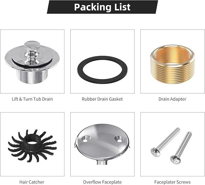All Metal Lift & Turn Bathtub Drain Kit with Two-Hole Overflow Faceplate, Replacement Bath Tub Drain Trim Set Fine/Coarse Thread Conversion Kit Assembly, Tub Drains and Overflow -Chrome Plated