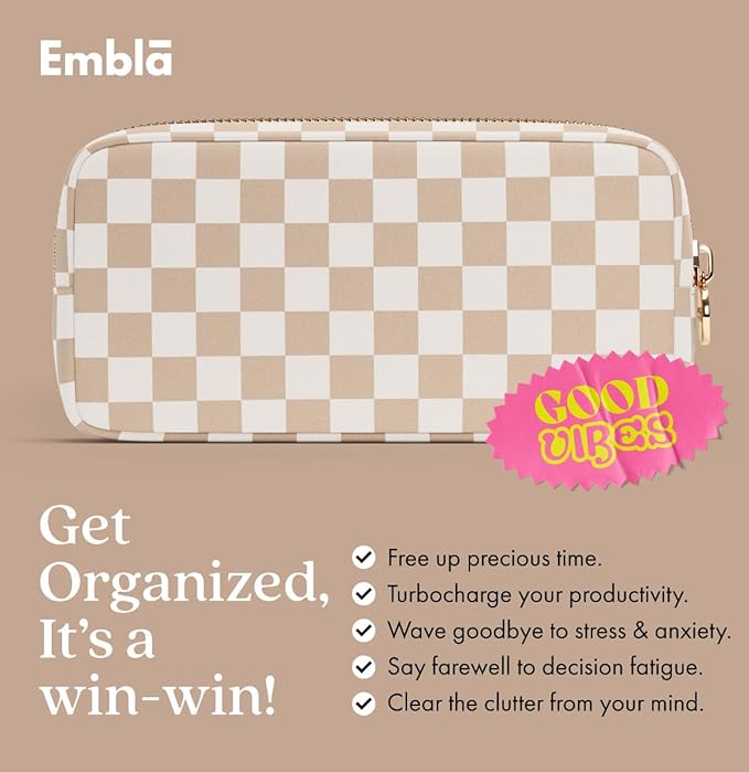 Embla Makeup Bag Travel Cosmetics Pouch and Toiletry Bag, Nylon Zipper Pouch Purse, Cute Make Up Organizer Storage Tote for Women Girls, Travel Skincare Case, Small Makeup Case, Sand Checkered