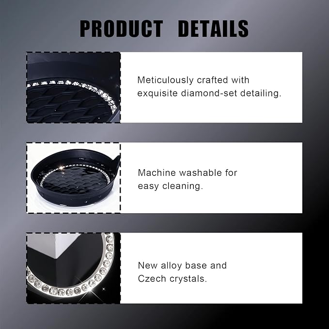 Bling Car Cup Holder Coaster, Anti-Slip Rhinestone Cup Holder Insert (4 Pack) with Push Start Button Ring (2 Pack), Shiny Diamond Car Interior Accessories, Universal for Most Vehicle (Black)