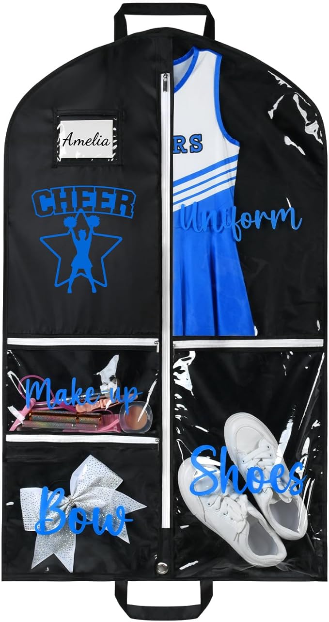 DEEKA Cheer Garment Bag for Hanging Clothes with Zipper Pockets Cheer Accessories Mom Essentials Uniform Costume 40 Inch Black Bags Stuff for Cheerleading Girls (Black,Blue-Cheer Star Logo)
