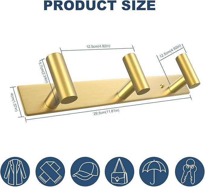 VAEHOLD Hat and Coat Wall Mount Rack - Hooks for Robes, Bags, Keys, and Towels - Bathroom Towel Hanger Organizer (Gold, "T" Shape 3 Hooks 1 Pack)