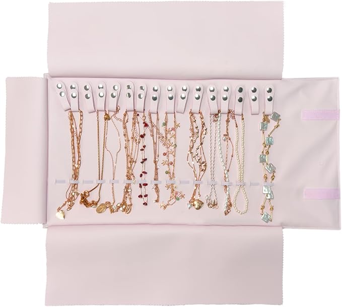 UnionPlus Travel Jewelry Roll, Faux Leather Necklaces Organizer Bag, Elastic Band and Anti-winding, Petal Pink