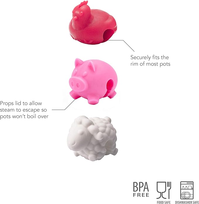 Tovolo Silicone Pot Lid Lifter Holder Farm Animals Heat Resistant Spill Proof Kitchen Gadget to Prevent Boiling Over and Release Steam Cute Decorative Pan Cover Stand Pot Clip Keeps Lid Open, Set of 3