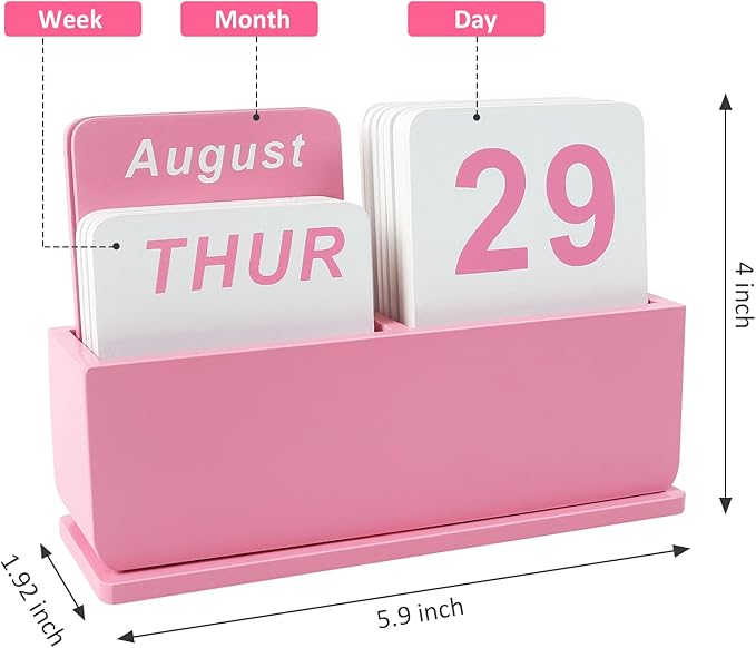 Wooden Block Perpetual Calendar for Desk, Daily Desktop Standing Flip Calendar with Large Display, Modern Farmhouse Aesthetic Desk Accessories for Home Office Decor, Reusable Yearly, Pink