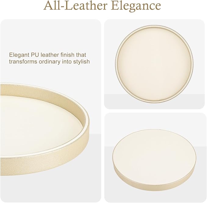 GORESE Gold Decorative Coffee Table Tray, 12" PU Leather Round Trays for Home Decor, Table Centerpiece for Living Room, Vanity, Dresser Decor, Valet Tray for Perfume Jewelry Organize - Gold & Cream