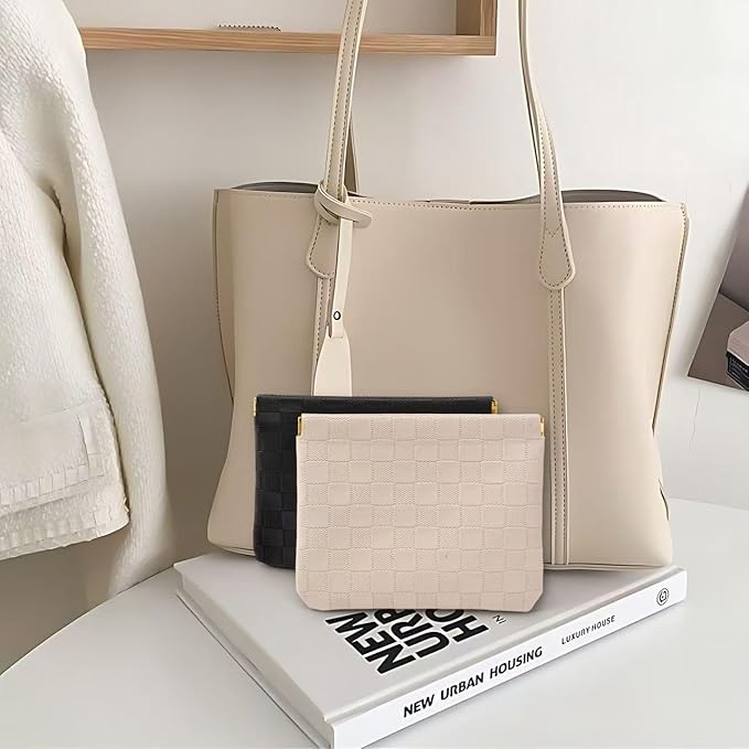 2-Pack Small Waterproof Checkered Makeup Bag - Portable Leather Travel Toiletry Bag Organizer with Snap Closure, Aesthetic Travel Storage Pouches for Women's cosmetic bag for purse