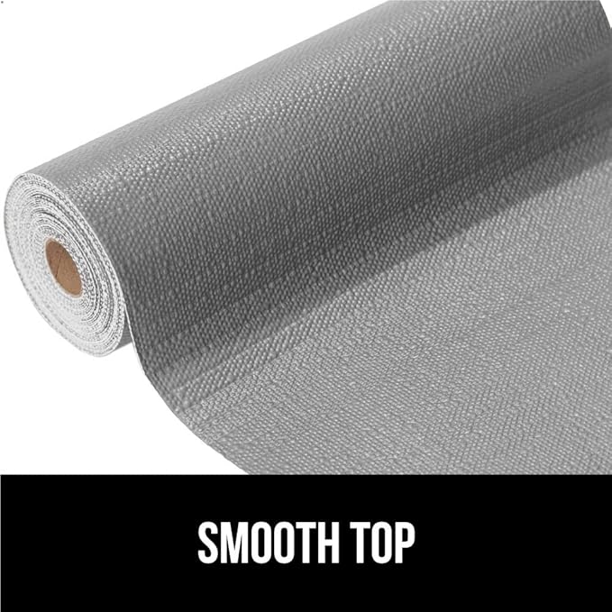 GORILLA GRIP DripGuard Shelf Liner, Non-Adhesive Drawer and Kitchen Cabinet Protector, Strong Grip Slip Resistant Underside, Smooth Surface Liners for Cabinets, Bathrooms, Closets, 12x120 Inch, Gray