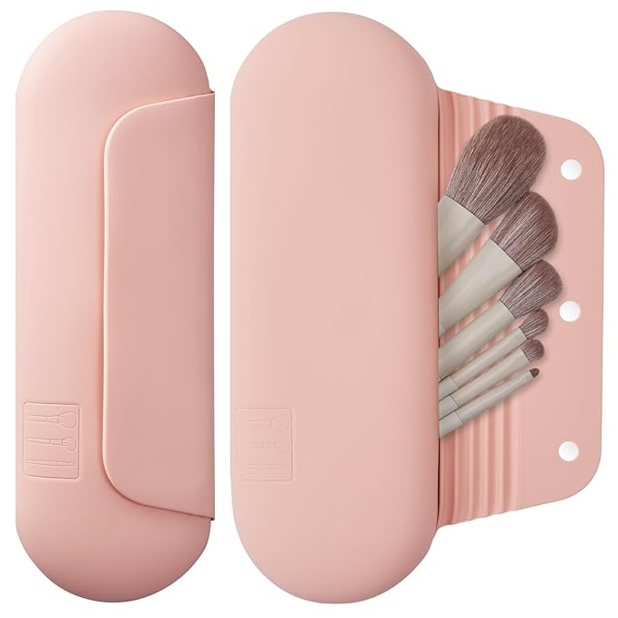 AGIKET Silicone Makeup Brush Holder Travel Cosmetic Bag:Soft Portable Cosmetic Face Brushes Holder with Upgrade Anti-Fall Out Magnetic Closure, Large Travel Makeup Brush Case - Pink Sand