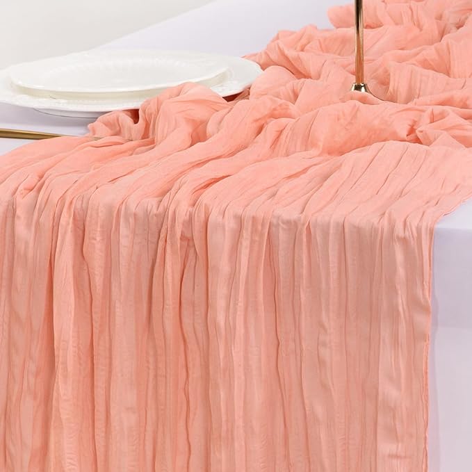 Socomi 6pcs Coral Peach Summer Cheesecloth Table Runner Boho Rustic Gauze 120 inch 10FT Cheese Cloth Sheer Runner for Wedding Party Baby Shower Birthday Home Decor Holiday Decorations