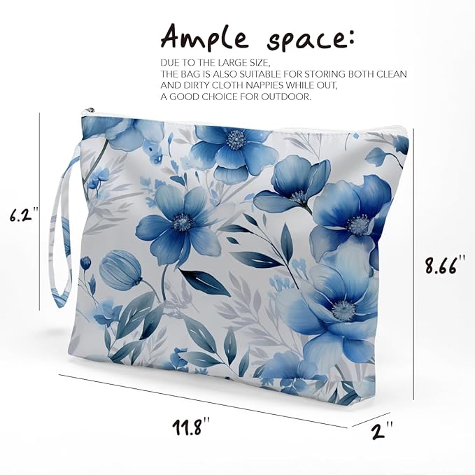 Fokongna Floral Print Wet Bag, Small Portable Waterproof Multi-Functional Organizer for Women, Blue Ink Wash Floral, Ideal for Daily, Beach & Travel