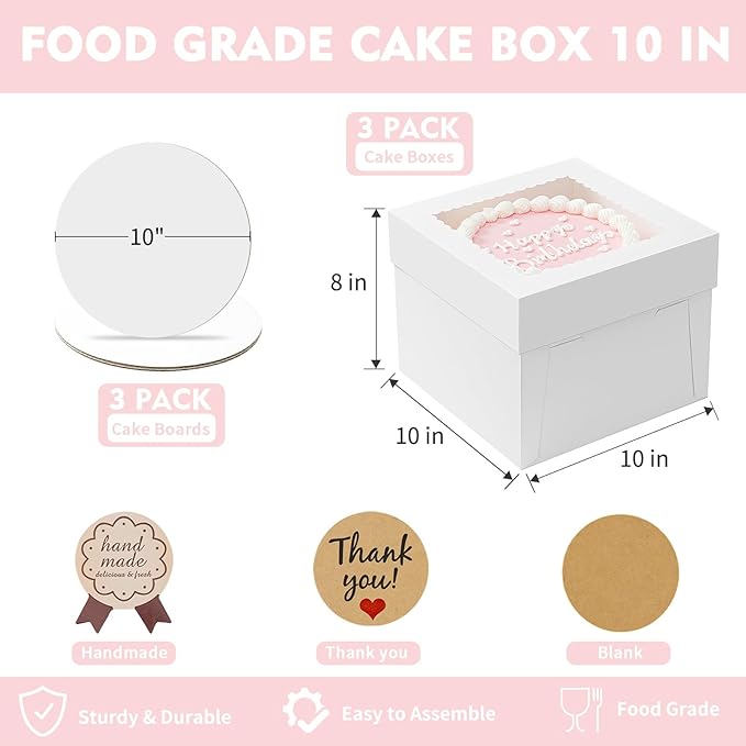10 Pack Cake Boxes, 10x10x8 Inches Tall Cake Box with Cake Boards, White Bakery Boxes with Window, Disposable Cake Containers with Lids for Cake, Donuts, Pies, Cookies, Wedding, Birthday, Party