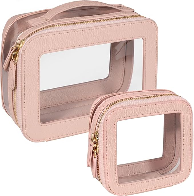 Clear Makeup Bag Set, Small Portable Clear Makeup Bag Cute Waterproof Travel Cosmetic Bag Makeup Pouch TSA Approved Toiletry Bag Women Traveling Car Organizer Car Essentials (Pink, Standard + Mini)
