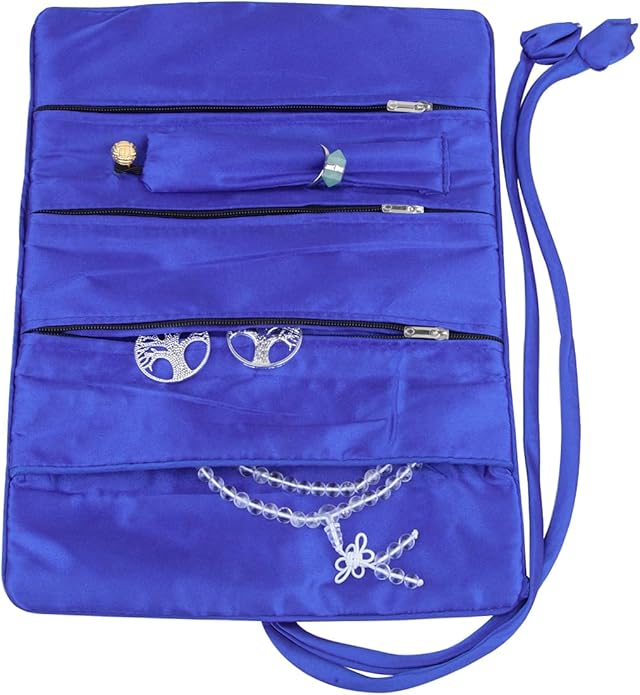 TUMBEELLUWA Embroidery Travel Jewelry Bag Roll Embroidered Flower and Bird Brocade Organizer with Tie Close