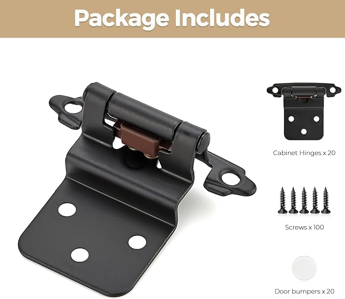 20 Pack 10 Pair Black Cabinet Hinges - 3/8 inch Inset Kitchen Cabinet Hinges, Semi-Concealed Hinges, Self Closing Cabinet Door Hinges with Door Bumper Flush Face Mount Cupboard Hardware